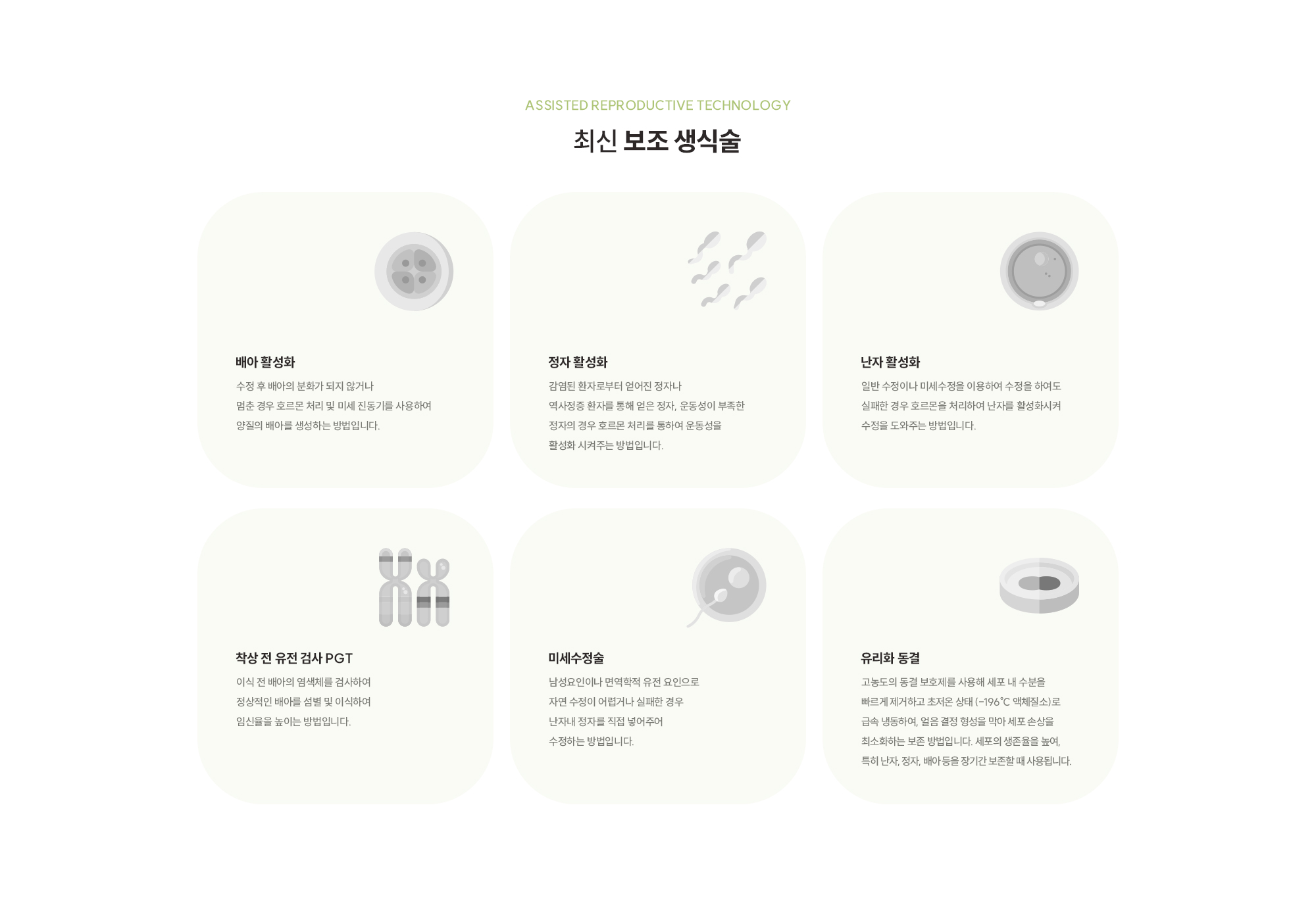[Assisted reproductive technology] [최신 보조 생식술] [배아 활성화 - 수정 후 배아의 분화가 되지 않거나 멈춘 경우 호르몬 처리 및 미세 진동기를 사용하여 양질의 배아를 생성하는 방법입니다.] [ 정자 활성화 - 감염된 환자로부터 얻어진 정자나 역사정증 환자를 통해 얻은 정자, 운동성이 부족한 정자의 경우 호르몬 처리를 통하여 운동성을 활성화 시켜주는 방법입니다.] [난자 활성화 - 일반 수정이나 미세수정을 이용하여 수정을 하여도 실패한 경우 호르몬을 처리하여 난자를 활성화시켜 수정을 도와주는 방법입니다.] [ 착상 전 유전 검사 PGT - 이식 전 배아의 염색체를 검사하여 정상적인 배아를 섬별 및 이식하여 임신율을 높이는 방법입니다. ] [ 미세수정술 - 남성요인이나 면역학적 유전 요인으로 자연 수정이 어렵거나 실패한 경우 난자내 정자를 직접 넣어주어 수정하는 방법입니다.] [ 유리화 동결 - 고농도의 동결 보호제를 사용해 세포 내 수분을 빠르게 제거하고 초저온 상태 (-196℃ 액체질소)로 급속 냉동하여, 얼음 결정 형성을 막아 세포 손상을 최소화하는 보존 방법입니다. 세포의 생존율을 높여, 특히 난자, 정자, 배아 등을 장기간 보존할 때 사용됩니다. ] 