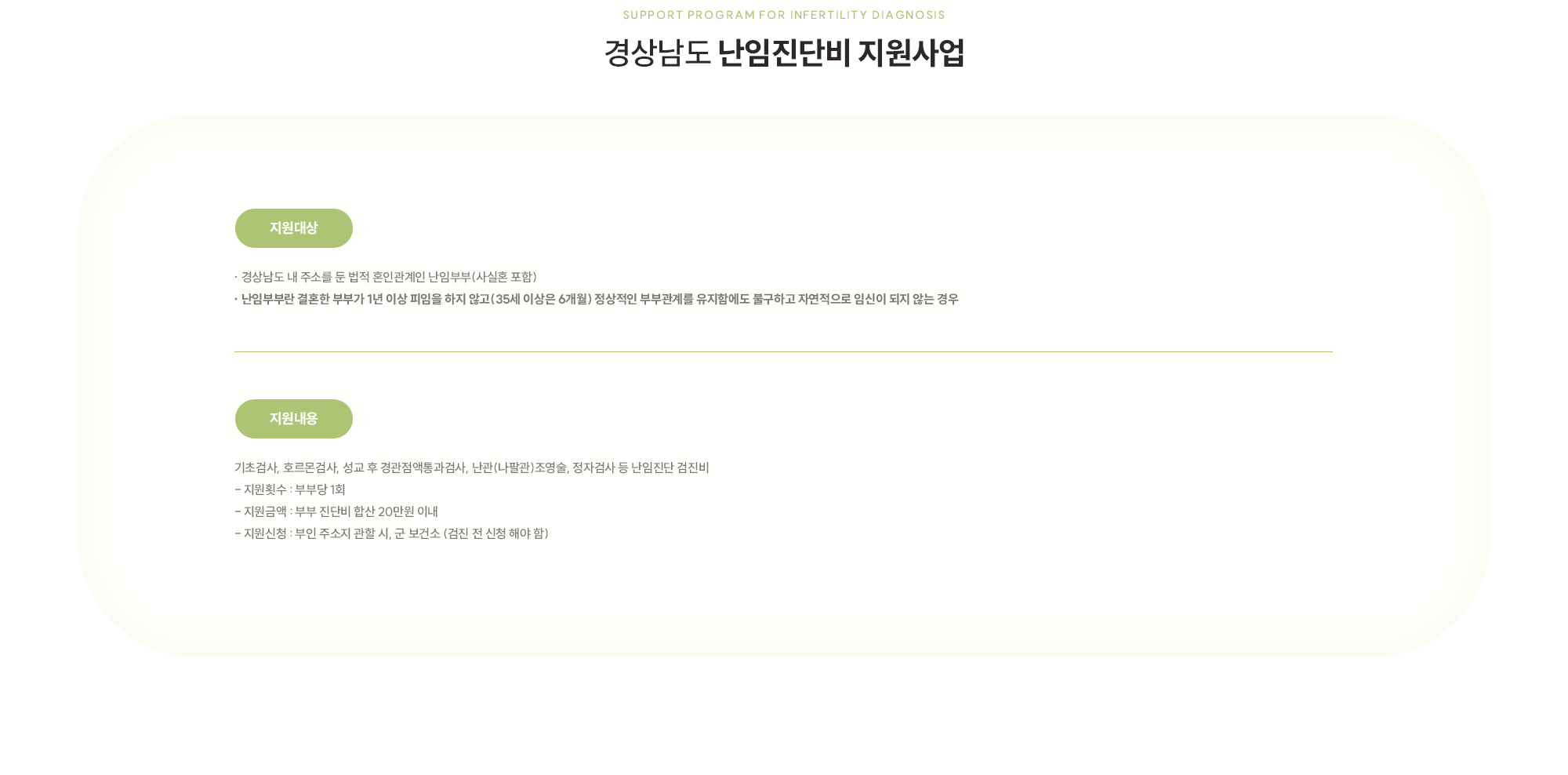 지원대상 - · 경상남도 내 주소를 둔 법적 혼인관계인 난임부부(사실혼 포함) * 난임부부란 결혼한 부부가 1년 이상 피임을 하지 않고(35세 이상은 6개월) 정상적인 부부관계를 유지함에도 불구하고 자연적으로 임신이 되지 않는 경우     지원내용 - 기초검사, 호르몬검사, 성교 후 경관점액통과검사, 난관(나팔관)조영술, 정자검사 등 난임진단 검진비 - 지원횟수 : 부부당 1회 - 지원금액 : 부부 진단비 합산 20만원 이내 - 지원신청 : 부인 주소지 관할 시, 군 보건소 (검진 전 신청 해야 함)  