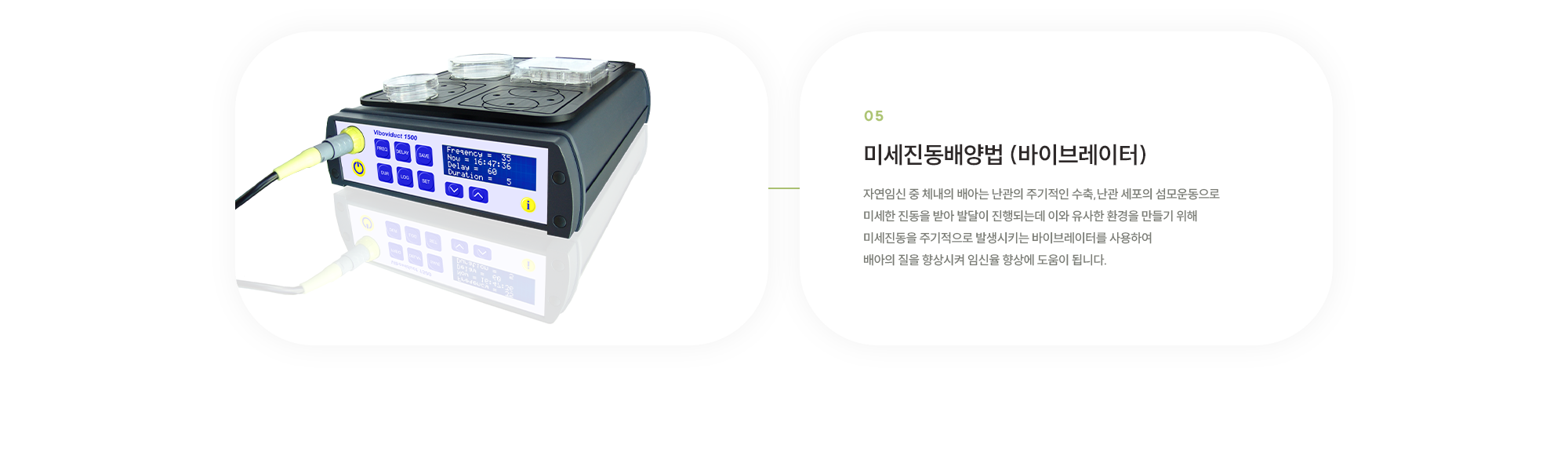 미세진동배양법 (바이브레이터) : 자연임신 중 체내의 배아는 난관의 주기적인 수축,난관 세포의 섬모운동으로 미세한 진동을 받아 발달이 진행되는데 이와 유사한 환경을 만들기 위해 미세진동을 주기적으로 발생시키는 바이브레이터를 사용하여 배아의 질을 향상시켜 임신율 향상에 도움이 됩니다.