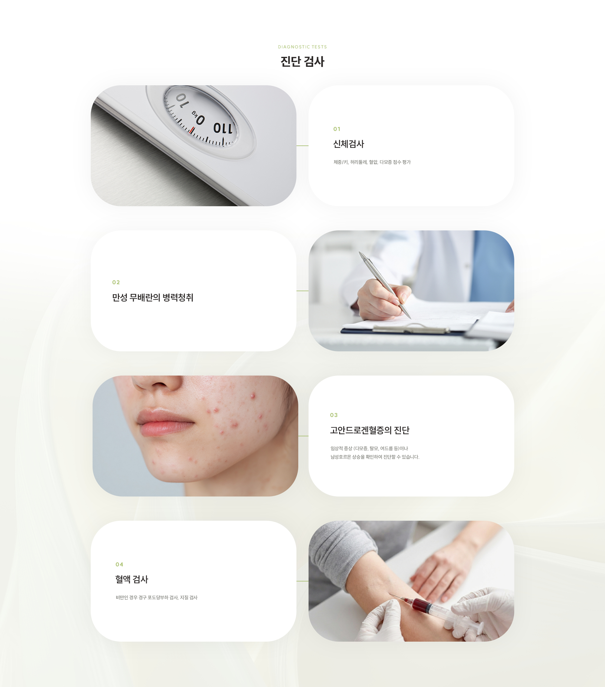 [진단 검사] 신체검사 / 만성 무배란의 병력청취 / 고안드로겐혈증의 진단 / 혈액 검사